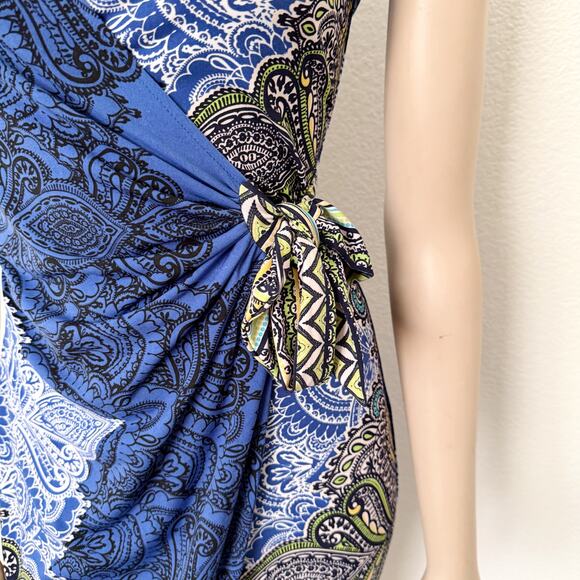 [Cache] Blue Brown Faux Wrap V-Neck Paisley Knot Waist Dress Work Size Small S - Picture 5 of 10